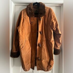 Vintage Foxrun Genuine Leather long western Coat Sz S GoldenTan faux fur collar